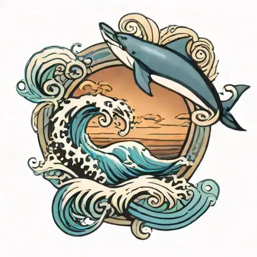 A dolphin jumping through waves with an infinity sign at the bottom that has dad on one end and a heart on the other  tattoo design idea