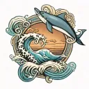 A dolphin jumping through waves with an infinity sign at the bottom that has dad on one end and a heart on the other  tattoo design idea