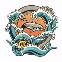 A dolphin jumping through waves with an infinity sign at the bottom that has dad on one end and a heart on the other  tattoo design idea