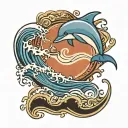 A dolphin jumping through waves with an infinity sign at the bottom that has dad on one end and a heart on the other  tattoo design idea