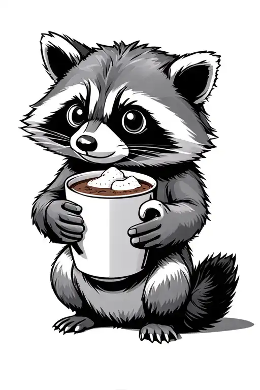 a racoon holding a anthropomorphic cup of hot chocolate inside hot chocolate is a single anthropomorphic marshmallow tattoo design idea