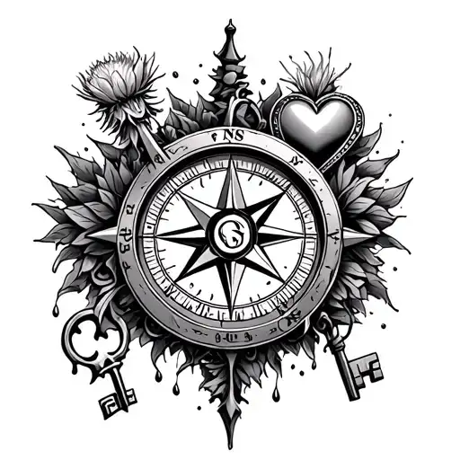 compass surrounded by a key, a thistle, a star of david and a heart with tears tattoo design idea