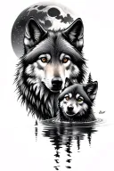 Wolf and wolf pup mirrored in reflection in water, ultra realistic, pine trees, full moon, sky, stars tattoo design idea