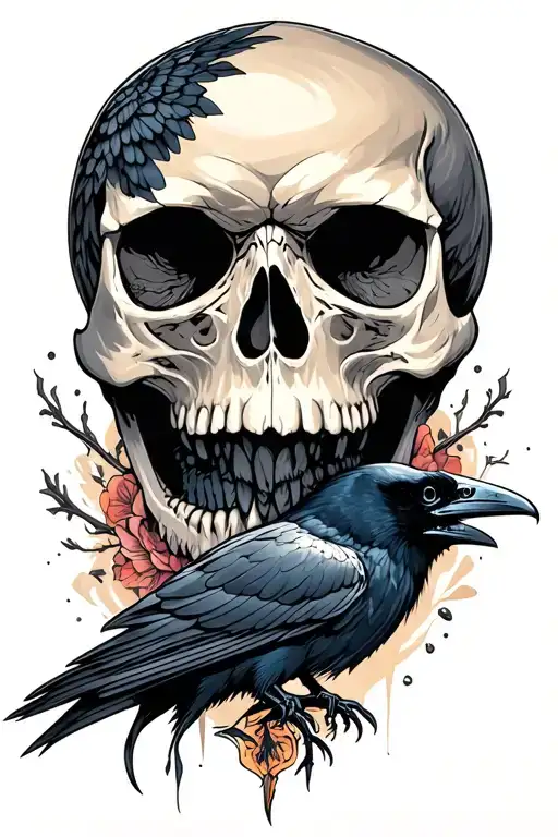raven and skull tattoo design idea
