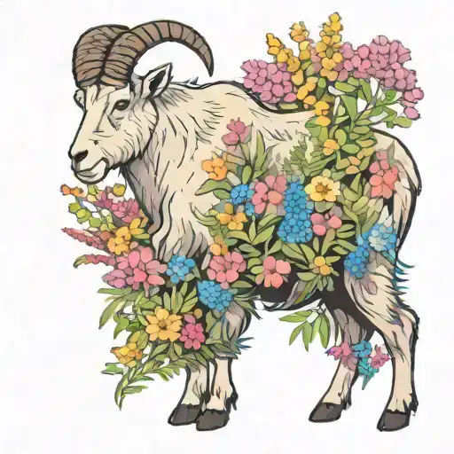 mountain goat standing in a patch of colorful wildflowers in the high alpine mountains of glacier national park montana  tattoo design idea