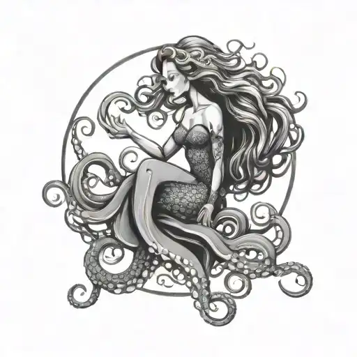 octopus sunshine mermaid stormy ocean wave tattoo design idea
