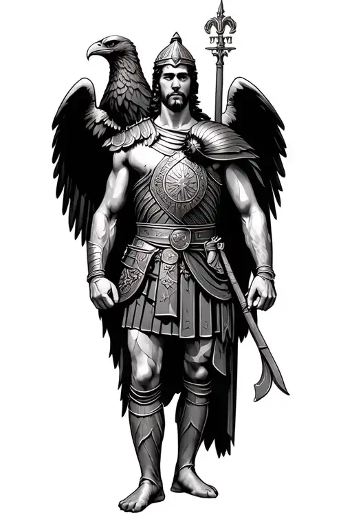 A Roman soldier standing triumphantly on a battlefield, with a majestic eagle perched on his shoulder tattoo design idea