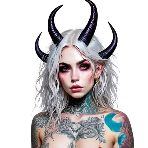 Sexy Pale Girl, Petite, Big Boobs, Wide Hips, G-string. Messy Hair, Demonic Horns, Sexual, full body tattoo design idea