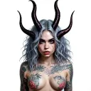 Sexy Pale Girl, Petite, Big Boobs, Wide Hips, G-string. Messy Hair, Demonic Horns, Sexual, full body tattoo design idea
