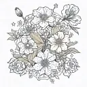 primrose flower, carnation flower, lily flower, marigold flower, Gemini constellation, fineline tattoo design idea