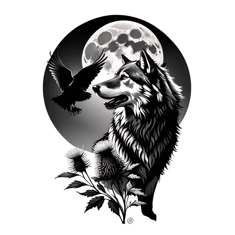 Realistic wolf with scotish thistle howling to moon, a raven shadow flying in front of moon tattoo design idea