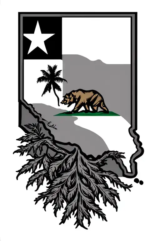 california outline with flag inside and roots on the bottom tattoo design idea