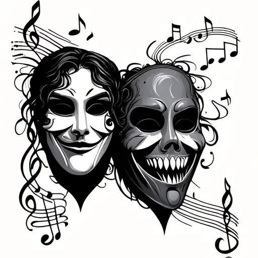 small music notes, no staff ascending up the forearm, complimenting the tragedy and joy masks  tattoo design idea