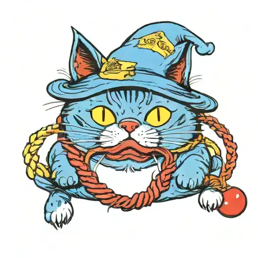 Design a cute fat blue cat tattoo, old school style, wearing a hamburger mask on his head, the hamburger mask covers his entire head, and a red and yellow Japanese style rope is tied around his neck, with a red round bell on the rope; big round eyes, big black pupils, yellow eye bottom; standing ears; the cat's name "Cola" is in front of the tattoo tattoo design idea