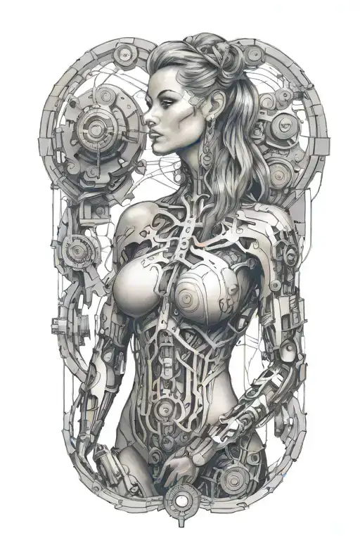 bodybuilding body girl with technology circuits merging tattoo design idea