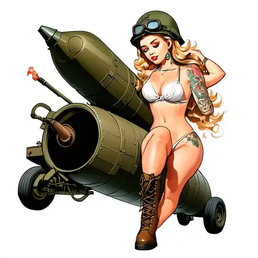 sailor Jerry style pinup sitting on WWII missile, bikini, combat boots, army helmet with goggles, blonde windblown tattoo design idea
