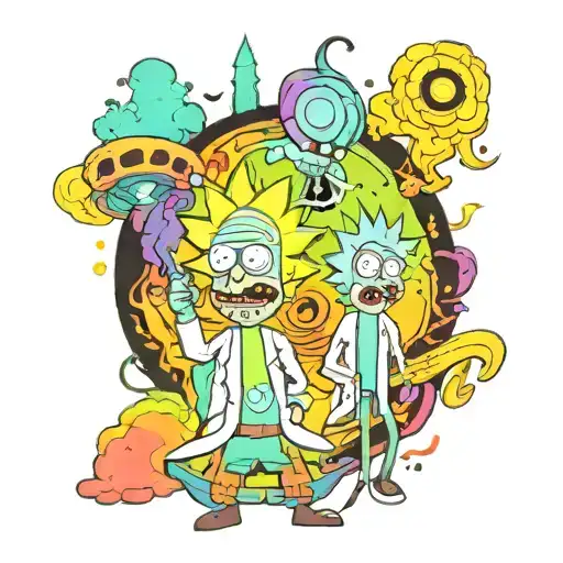 A trippy scene of Rick and Morty exploring a psychedelic world filled with vibrant colors and patterns tattoo design idea