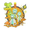 A trippy scene of Rick and Morty exploring a psychedelic world filled with vibrant colors and patterns tattoo design idea