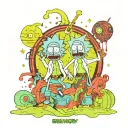 A trippy scene of Rick and Morty exploring a psychedelic world filled with vibrant colors and patterns tattoo design idea