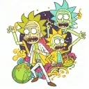 A trippy scene of Rick and Morty exploring a psychedelic world filled with vibrant colors and patterns tattoo design idea