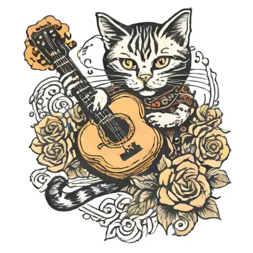 A traditional tattoo featuring a cat playing a guitar, merging your love for cats and music in a classic style tattoo design idea