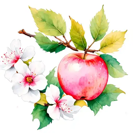 A thin branch of an apple tree with leaves and white with pink flowers on it. So in order to eventually wrap a hand tattoo design idea