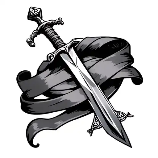 sword wrapped with ribbon and twenty-sided die on pommel tattoo design idea