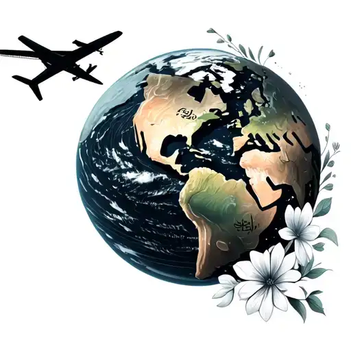 Iran map on earth and an airplane going around it and one side of earth have beautiful minimal flowers attached to it ,  tattoo design idea