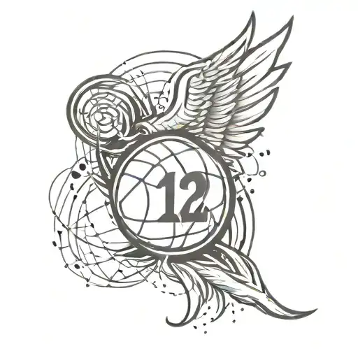 A unique tattoo design combining an angel wings motif with basketball elements and the number 12 tattoo design idea