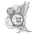 A unique tattoo design combining an angel wings motif with basketball elements and the number 12 tattoo design idea