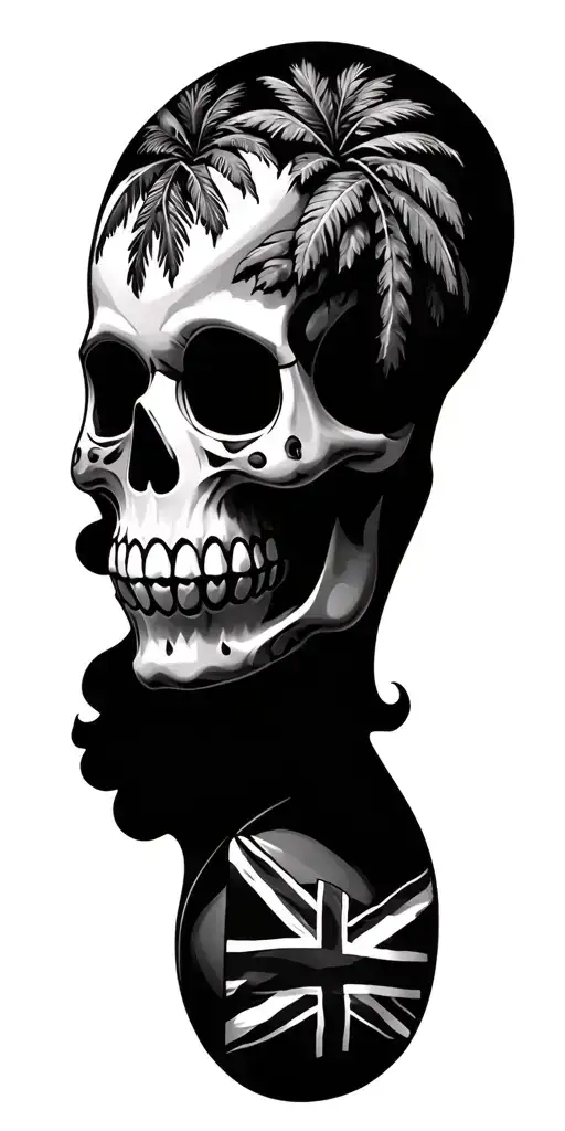palm trees, sugar skull, British flag, hula tattoo design idea