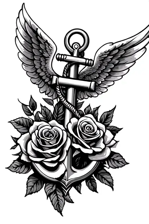 Anchor angel wings roses tattoo design idea