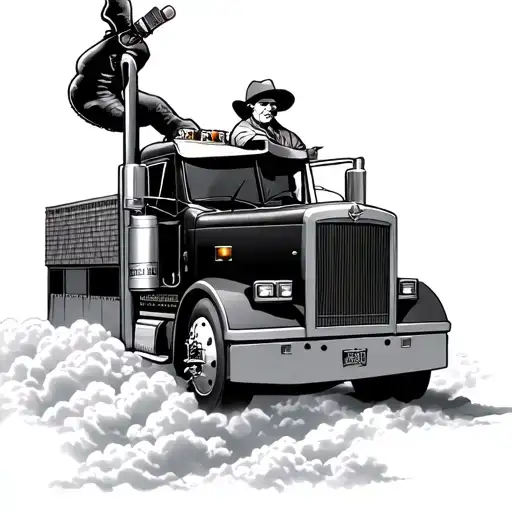 PETERBILT SITTING ON CLOUDS, SILLOUTTE OF GUY STANDING WEARING A TRUCKER HAT HOLDING A CIGERETTE WEARING BOOTS tattoo design idea
