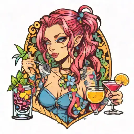 sexy anime girl bartender mixing psychedelic cocktails tattoo design idea