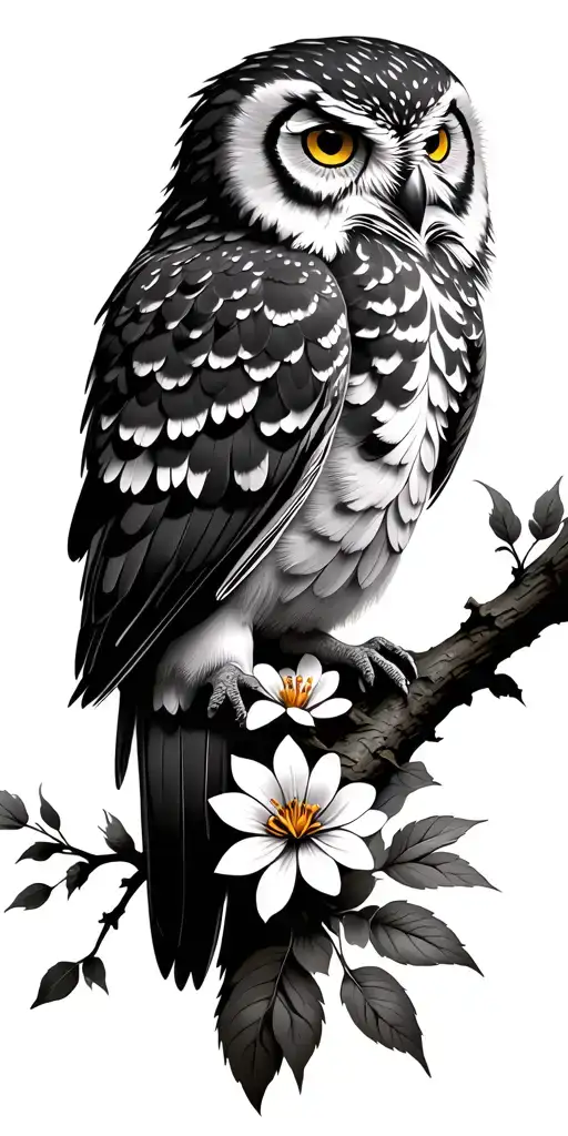 A great profile owl that turns the head on a branch with leaves and flowers tattoo design idea