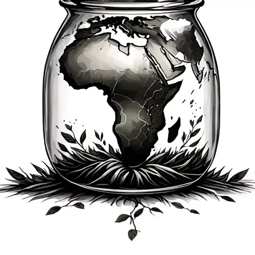 glass bottle with Africa inside, a tree growing out off the bottle with all the other continents as leaves tattoo design idea
