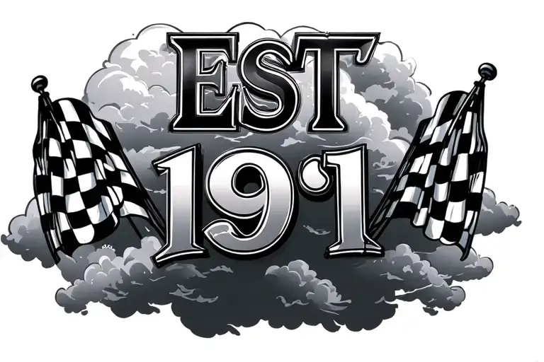 large "est 1991" with cloud background checkered flags on each side  tattoo design idea
