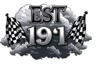 large "est 1991" with cloud background checkered flags on each side  tattoo design idea