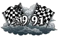 large "est 1991" with cloud background checkered flags on each side  tattoo design idea