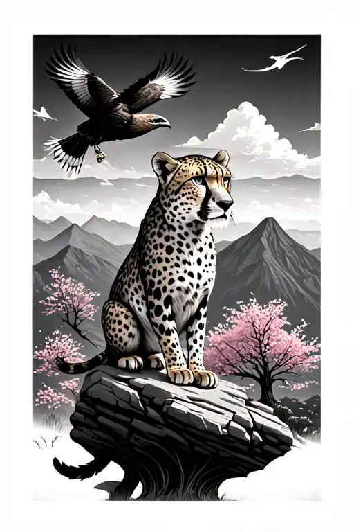 A cheetah on pride rock looking out to the mountains, while a hawk is flying, and cherry blossom trees behind the cheeta tattoo design idea