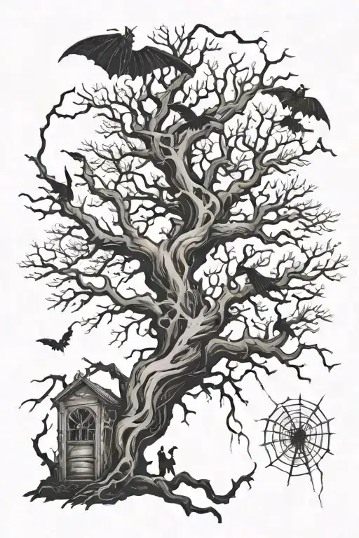 spooky dead tree with bats, spider webs, lightning and a ghost tattoo design idea
