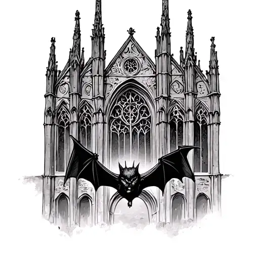 bat hanging upside down from the bottom of a pretty cathedral  tattoo design idea