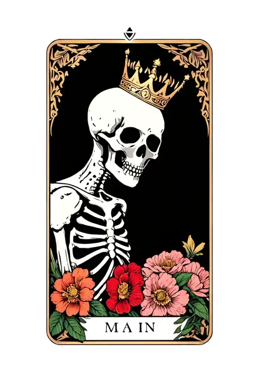 tarot card with skeleton with crown on and flowers goth tattoo design idea