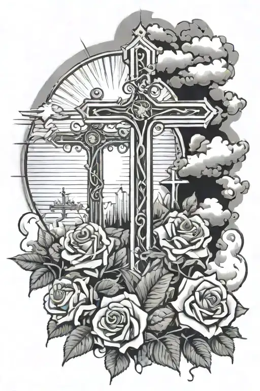 3 Crosses with rosses under and sunlight coming from the top with clouds in the middle  tattoo design idea