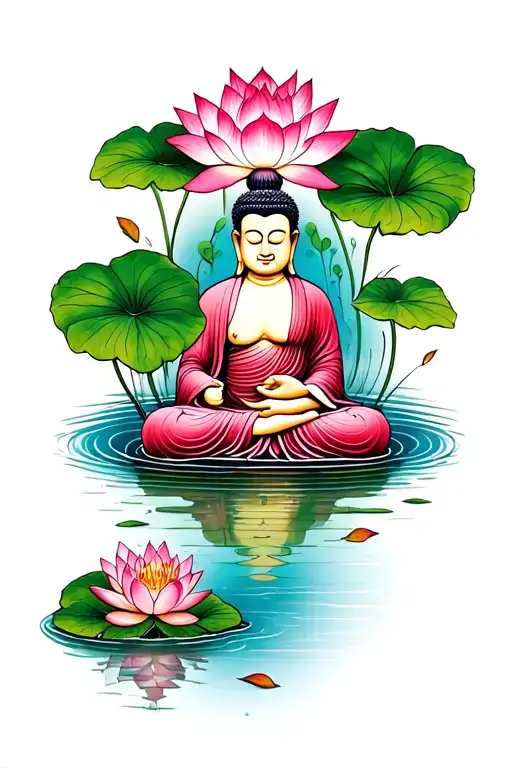lotus with leaves falling into a pond and buddah forming a lake tattoo design idea