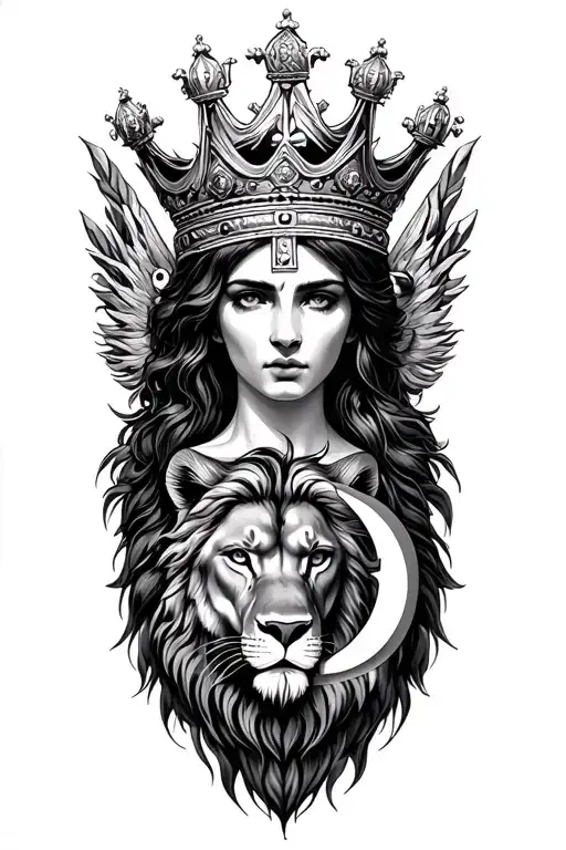 leto greek goddess wearing crown with lion and moon tattoo design idea