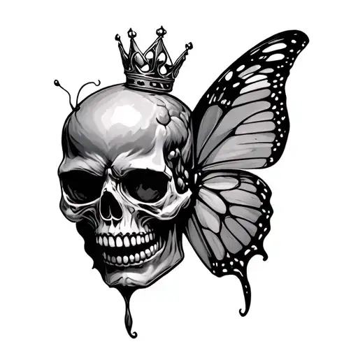 skull butterfly time 4:36 AM with a crown  tattoo design idea