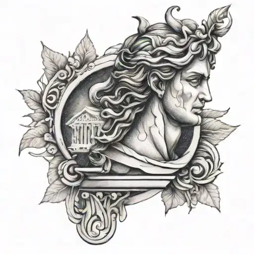 A tattoo of a Greek mythological figure intertwined with ancient columns tattoo design idea