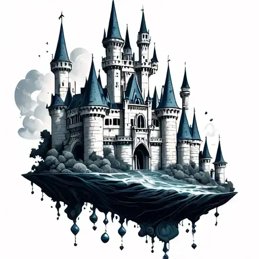disney castle floating tattoo design idea
