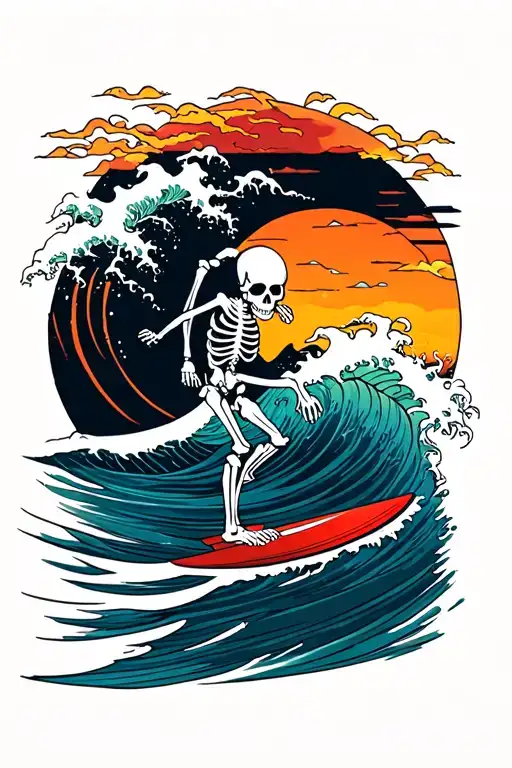 skeleton surfing wave with sunset in background tattoo design idea